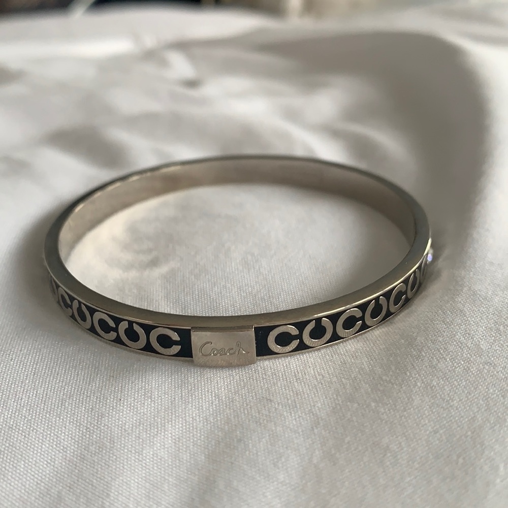 Coach Silver C & Black Enamel Gem Bangle Bracelet